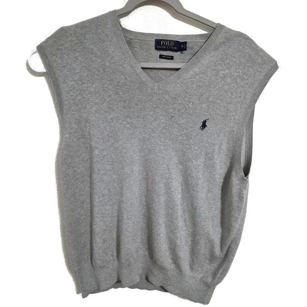 Polo Ralph Lauren Sweater Vest Mens 2XL Gray Pima‎ Cotton V Neck Knit Logo